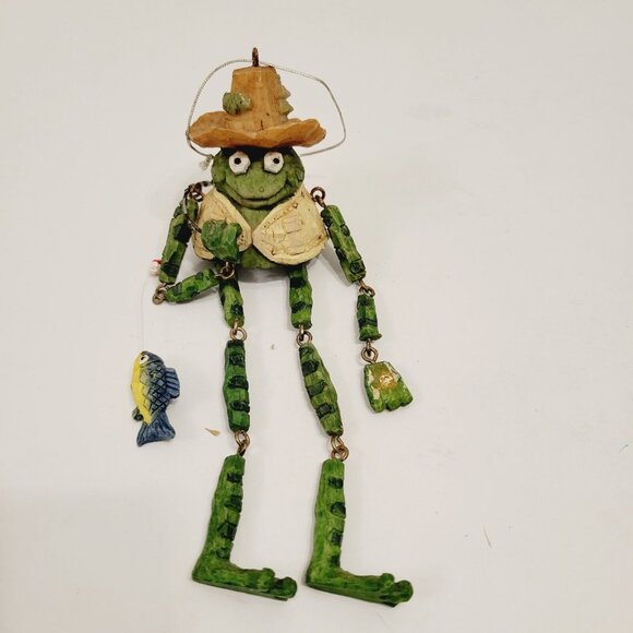 Green Frog Fisherman fishing Pole Shelf Sitter Ornament 7” Tall Posable Legs - Picture 3 of 6